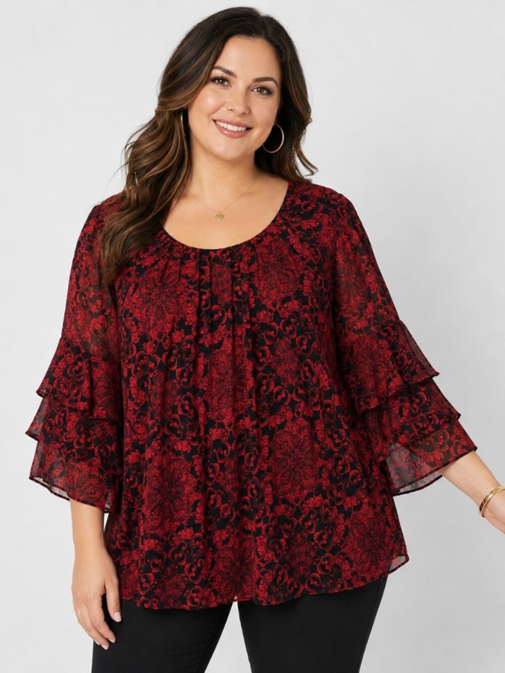 Roz & Ali Floral Chiffon Blouse Womens 3X Red Black Metallic Accent Bell Sleeve